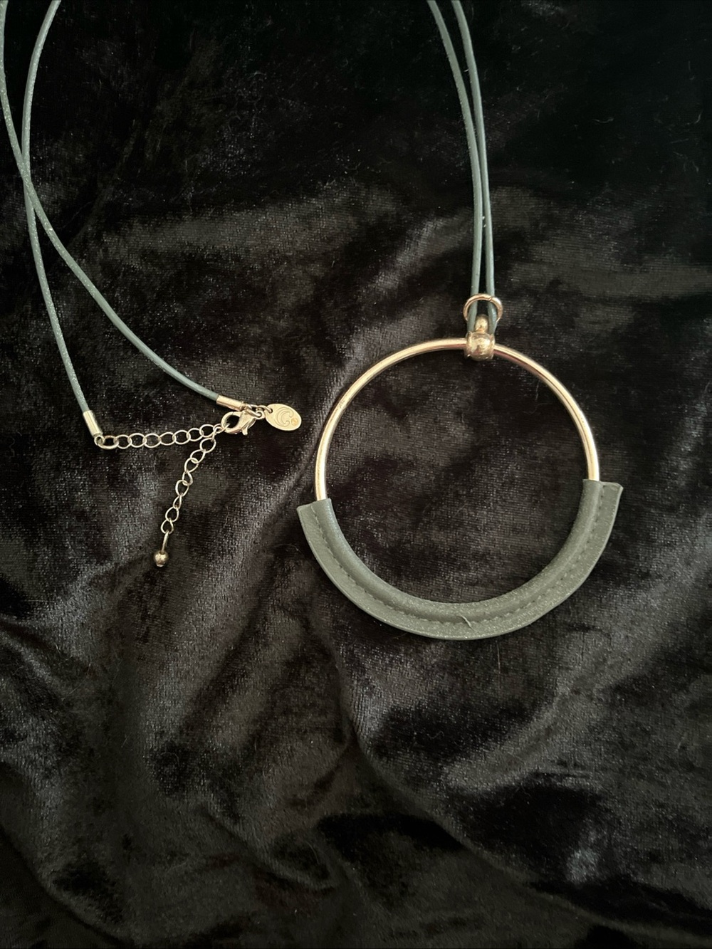 Vintage Charming Charlie Gold Hoop Pendant Necklace with Gray Leather Accent